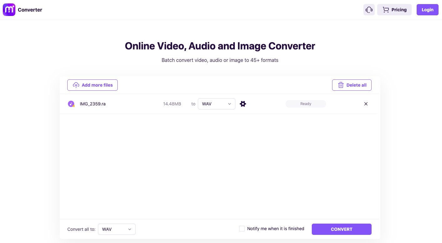 Verwenden Sie Media.io, um RA in WAV zu konvertieren