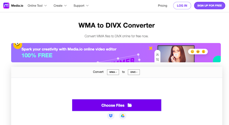 Media.io: Online-WMA-zu-DivX-Konverter