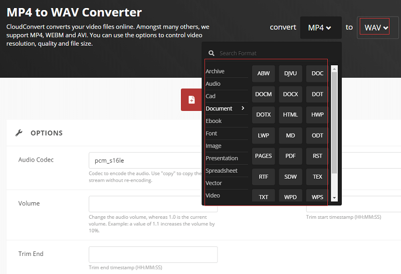 Konvertieren Sie Videos über CloudConvert in WAV